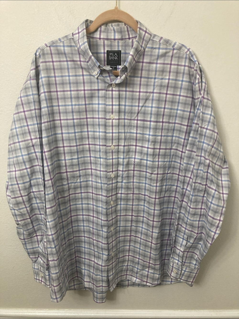 Jos. A. Bank White Plaid Button-Down Shirt with Blue & Purple Stripes